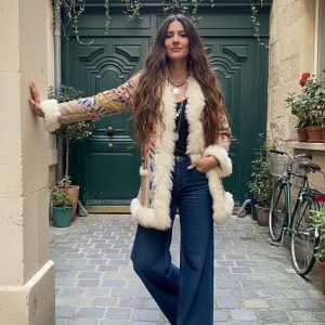 ABRIGO BOHEMIO II EN PIEL BORDADO CON FORRO Y CUELLO DE PIEL LIGHT CAMEL SUEDE S